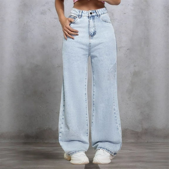 Blue Jeans For Women Wide Leg Relaxed Fit Casual Stretch Denim Pants Comfy Lightweight Travel Long Jeans With Pocket BU1 L