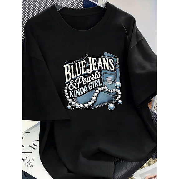 Blue Jeans Pearl Pattern Graphic T-Shirt for Women, Cotton Short Sleeve Crew Neck