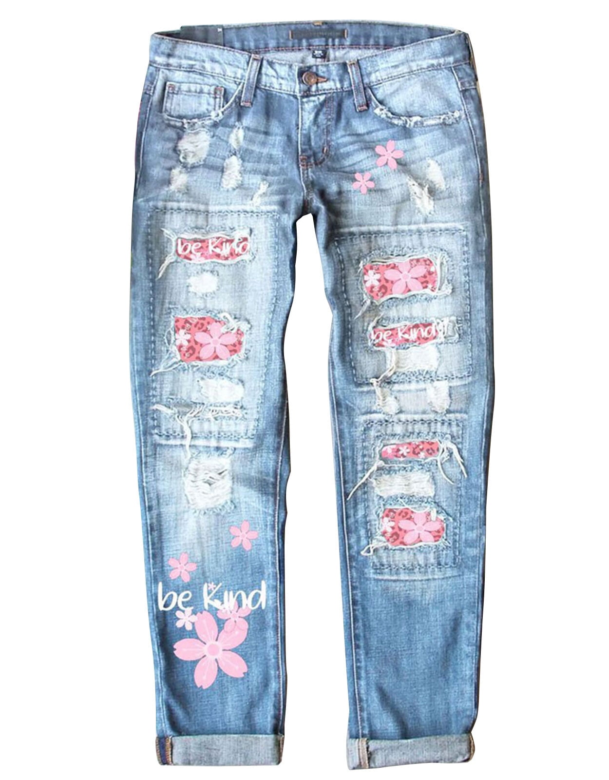 Blue Jeans for Women Sunflower Patch Trendy Ripped Jeans Button Straight  Leg Skinny Denim Pants with Pockets Shermie 