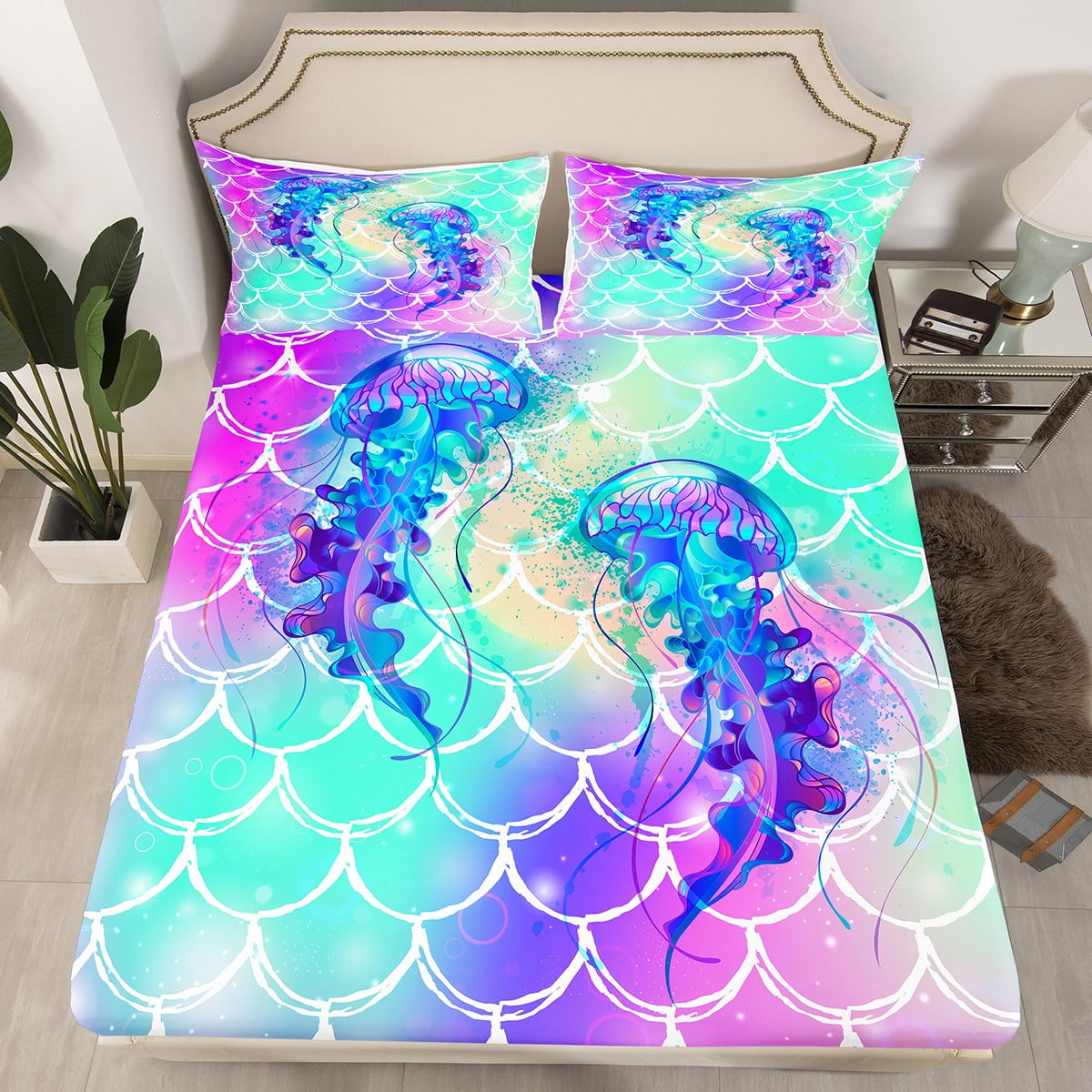 Blue Jellyfish Bed Sheets for Girls Boys,Ocean Bedding Set Pastel Teal