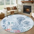 thumbnail image 1 of Blue Jellyfish Coastal 6ft Round Rugs, Beach Nautical Ocean Coral Seahorse Washable Non-Slip Area Rugs for Living Room Bedroom Kitchen, Low Pile Dining Room Kicthen Circle Carpet, Indoor Floor Rug, 1 of 9