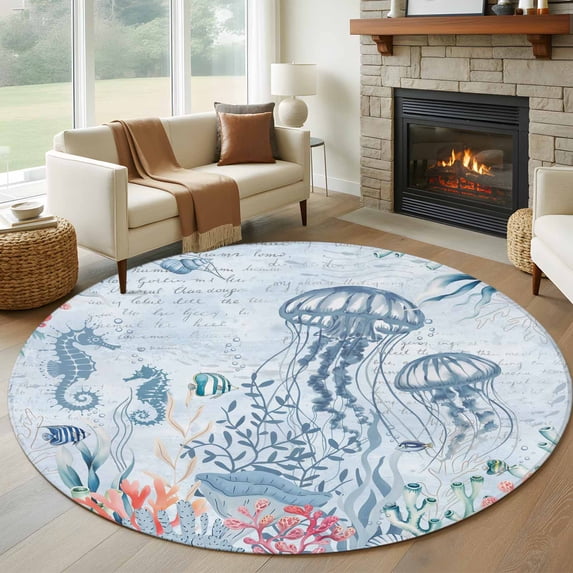 Blue Jellyfish Coastal 6ft Round Rugs, Beach Nautical Ocean Coral Seahorse Washable Non-Slip Area Rugs for Living Room Bedroom Kitchen, Low Pile Dining Room Kicthen Circle Carpet, Indoor Floor Rug