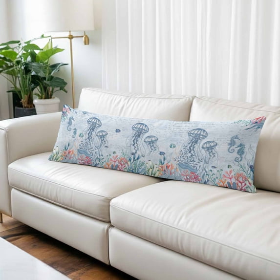 Blue Jellyfish Coastal Body Pillow Covers 20"x60", Beach Nautical Ocean Coral Seahorse Soft Brushed Microfiber Breathable Throw Pillow Covers, Pillowcase with Zipper for Couch Sofa Bedroom