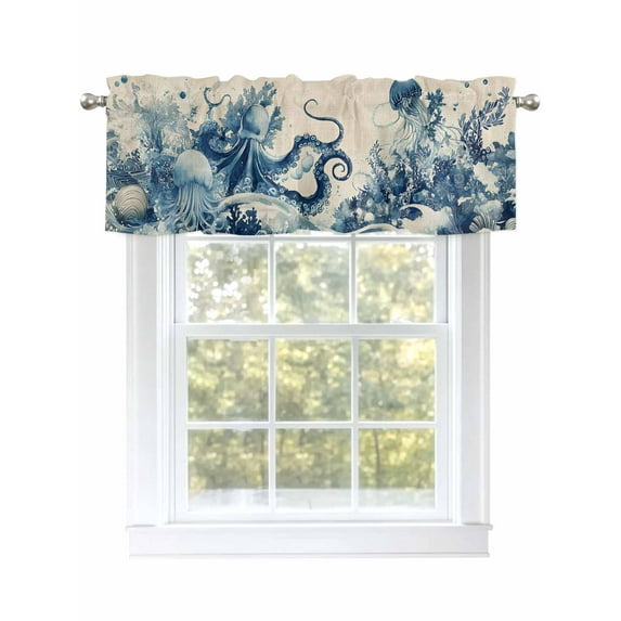 Blue Jellyfish Coastal Curtain Valances for Windows, Nautical Octopus Summer Ocean Rustic Kitchen Valance Window Treatment, Light Filtering Block Curtains for Bathroom/Bedroom/Living Room 60'' x 18''