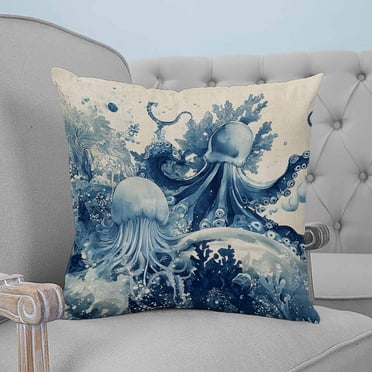 Maybay 18x18 Teal Blue Jellyfish & Octopus Throw Pillow Cover – Peach Skin Velvet