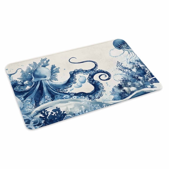 Blue Jellyfish Coastal Doormat Outdoor Entrance 24"x36", Nautical Octopus Summer Ocean Absorb Moisture Dirt Door Mats, Non-Slip Rubber Backing Floor Mats Indoor, Low-Profile Front Door Rugs