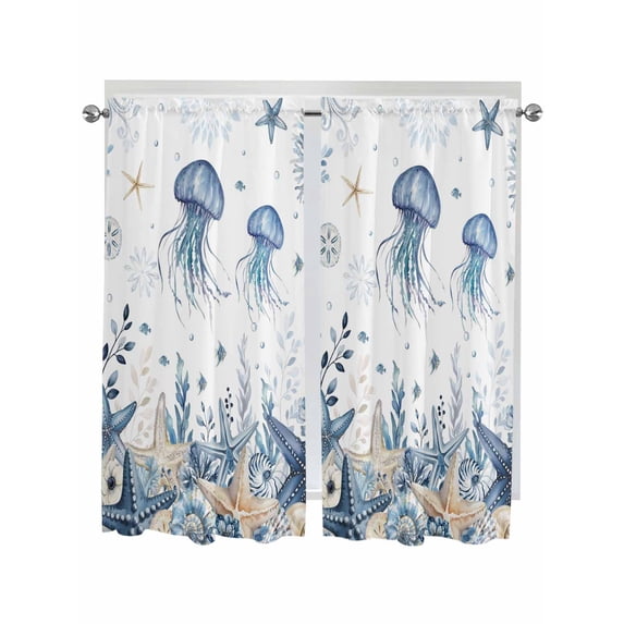 Blue Jellyfish Coastal Kitchen Curtains 72 Inch Length, Beach Starfish ...