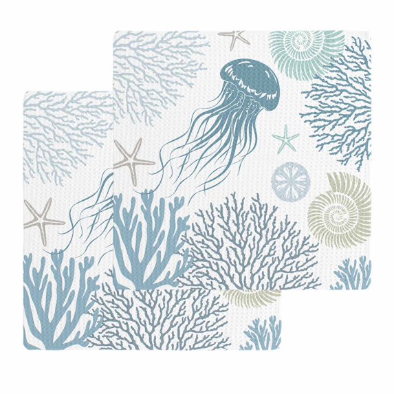 Blue Jellyfish Coastal Kitchen Dish Towels for Drying Dishes Set of 2, Summer Beach Nautical Coral Waffle Weave Microfiber Hand Tea Bathroom Towels Quick Dry & Absorbent Towel 12x12
