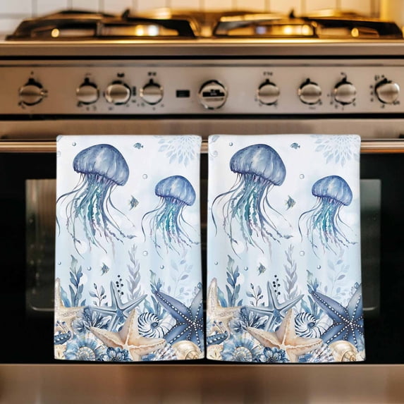 Blue Jellyfish Coastal Kitchen Towels Set of 1, Beach Starfish Nautical Coral Ombre Absorbent Dish Towels for Kitchen, Microfiber Hand Towel, Quick Drying Tea Towel for Cleaning Decorative Dishcloths