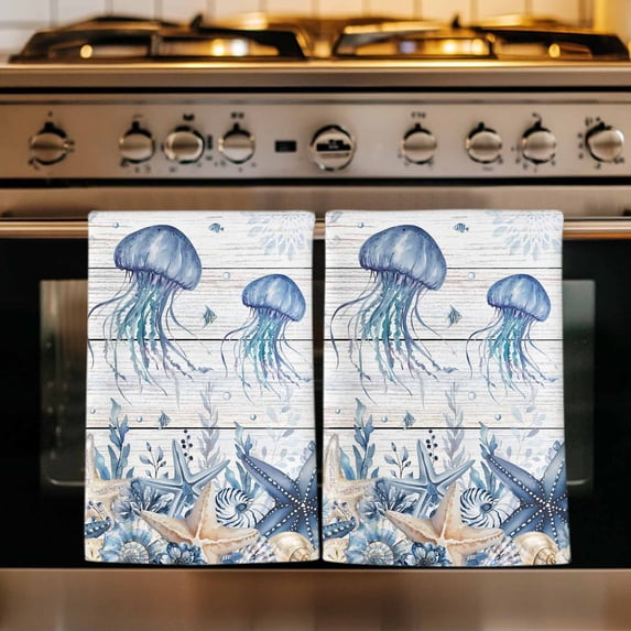 Blue Jellyfish Coastal Kitchen Towels Set of 4, Beach Starfish Nautical Coral Retro Absorbent Dish Towels for Kitchen, Microfiber Hand Towel, Quick Drying Tea Towel for Cleaning Decorative Dishcloths