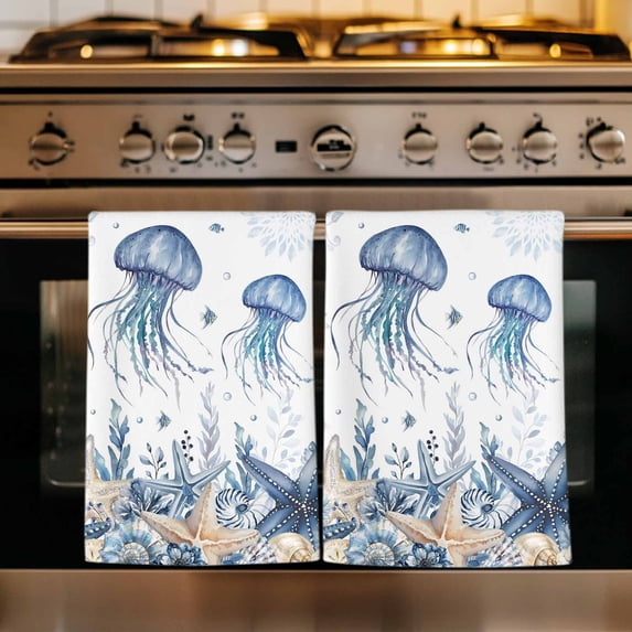 Blue Jellyfish Coastal Kitchen Towels Set of 4, Beach Starfish Nautical Coral Shell Absorbent Dish Towels for Kitchen, Microfiber Hand Towel, Quick Drying Tea Towel for Cleaning Decorative Dishcloths