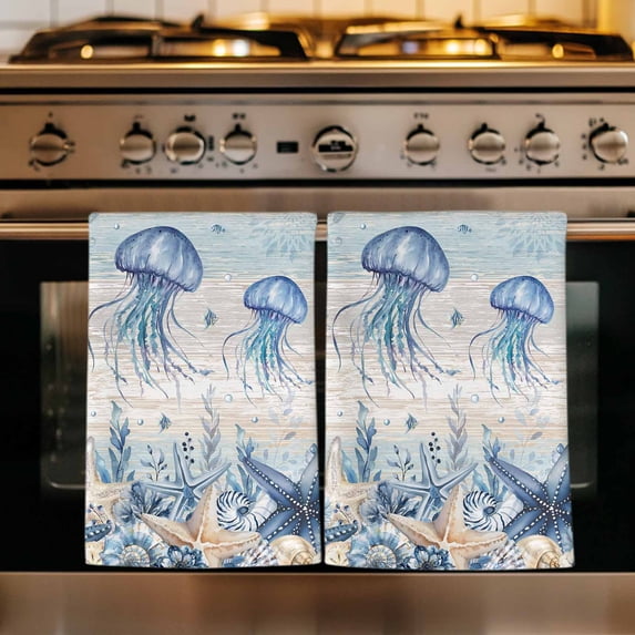 Blue Jellyfish Coastal Kitchen Towels Set of 4, Beach Starfish Nautical Coral Vintage Absorbent Dish Towels for Kitchen, Microfiber Hand Towel, Quick Drying Tea Towel for Cleaning Dishcloths
