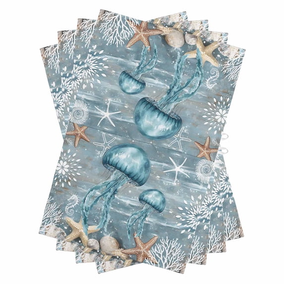 Blue Jellyfish Coastal Kitchen Towels Set of 4, Water Absorbent Dish Towel, Summer Beach Nautical Starfish Coral Decorative Hand Towels - Quick Drying Cloth for Cooking Baking, 18x28 Inch