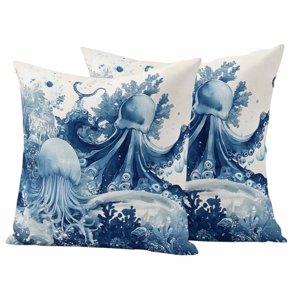Blue Jellyfish Coastal Outdoor Waterproof Pillow Covers, Nautical Octopus Summer Ocean Decorative Square Throw Pillowcase Sofa Cushion Sham for Patio/Couch/Chair, 24"x24" 2 Pack