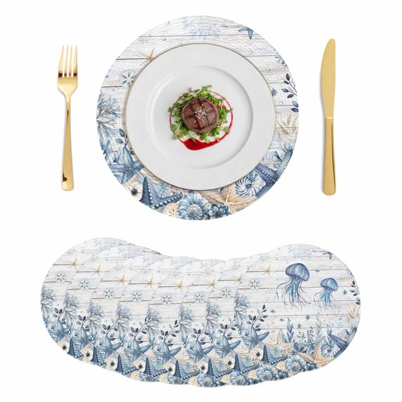 Blue Jellyfish Coastal Round 13 Inch Placemats Set of 8, Beach Starfish Nautical Coral Retro HeatResistant Non Slip Place Mats for Dining Table, Wipeable Braided Kitchen Table Mats for Housewarming