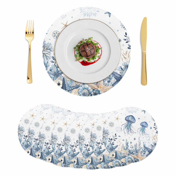 Blue Jellyfish Coastal Round 13 Inch Placemats Set of 8, Beach Starfish Nautical Coral Shell HeatResistant Non Slip Place Mats for Dining Table, Wipeable Braided Kitchen Table Mats for Housewarming