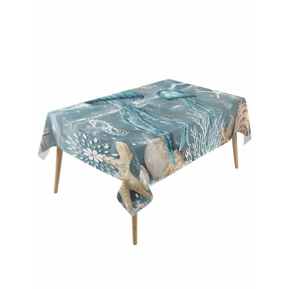 Blue Jellyfish Coastal Table Cloth, Summer Beach Nautical Starfish Coral Waterproof Tablecloth for Rectangle Tables, Reusable Washable Fabric Table Cover for Restaurant Kitchen Dining Tables 60"x120"