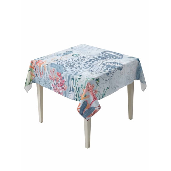 Blue Jellyfish Coastal Table Cloth, Waterproof Tablecloth for Square Tables, Beach Nautical Ocean Coral Seahorse Reusable Washable Fabric Table Cover for Restaurant Kitchen Dining Tables 60"x60"