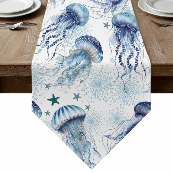 Blue Jellyfish Coastal Table Runner Linen Burlap Table Runner 108 ...