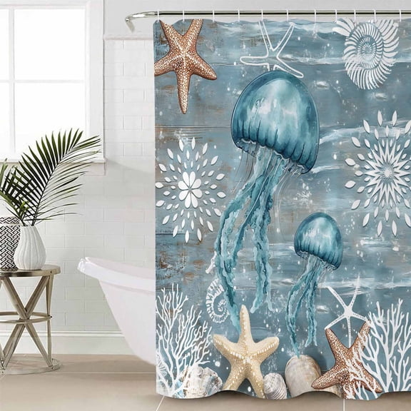 Blue Jellyfish Coastal Waterproof Fabric Shower Curtain, Summer Beach Nautical Starfish Coral Shower Curtain for Bathroom Curtains Bathtubs Hotel Washable Shower Curtains with 12 Hooks Small 36x72in
