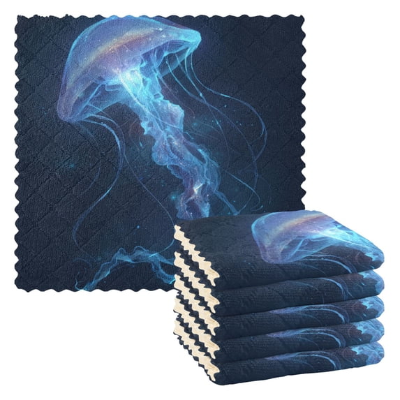 Blue Jellyfish Kitchen Cloth Dish Towels for Drying Washing Absorbent ...
