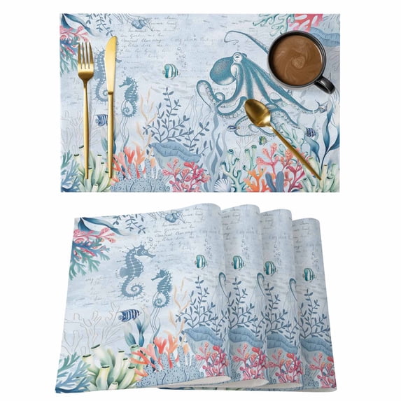 Blue Jellyfish Octopus Placemats Set of 12 Beach Nautical Ocean Coral Seahorse Place Mats Indoor Wipeable Table Mats Washable Dining Table Placemats for Kitchen Holiday Party Home Decor 13x19 Inch