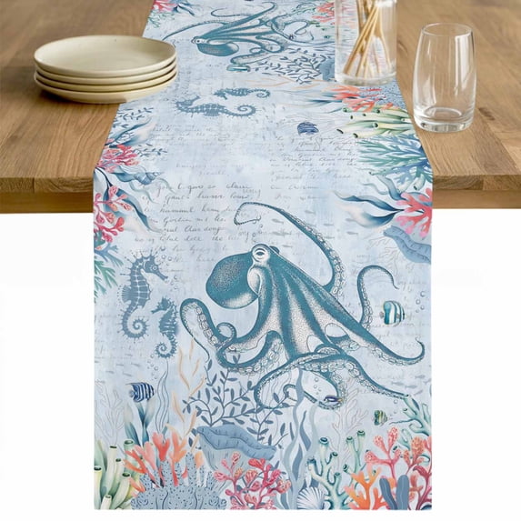 Blue Jellyfish Octopus Table Runner - 36 Inch Long Beach Nautical Ocean Coral Seahorse Cotton and Linen Blended Dress Scarves Farmhouse Table Runner for Kitchen Dining, Coffee Table, 13" x 36"