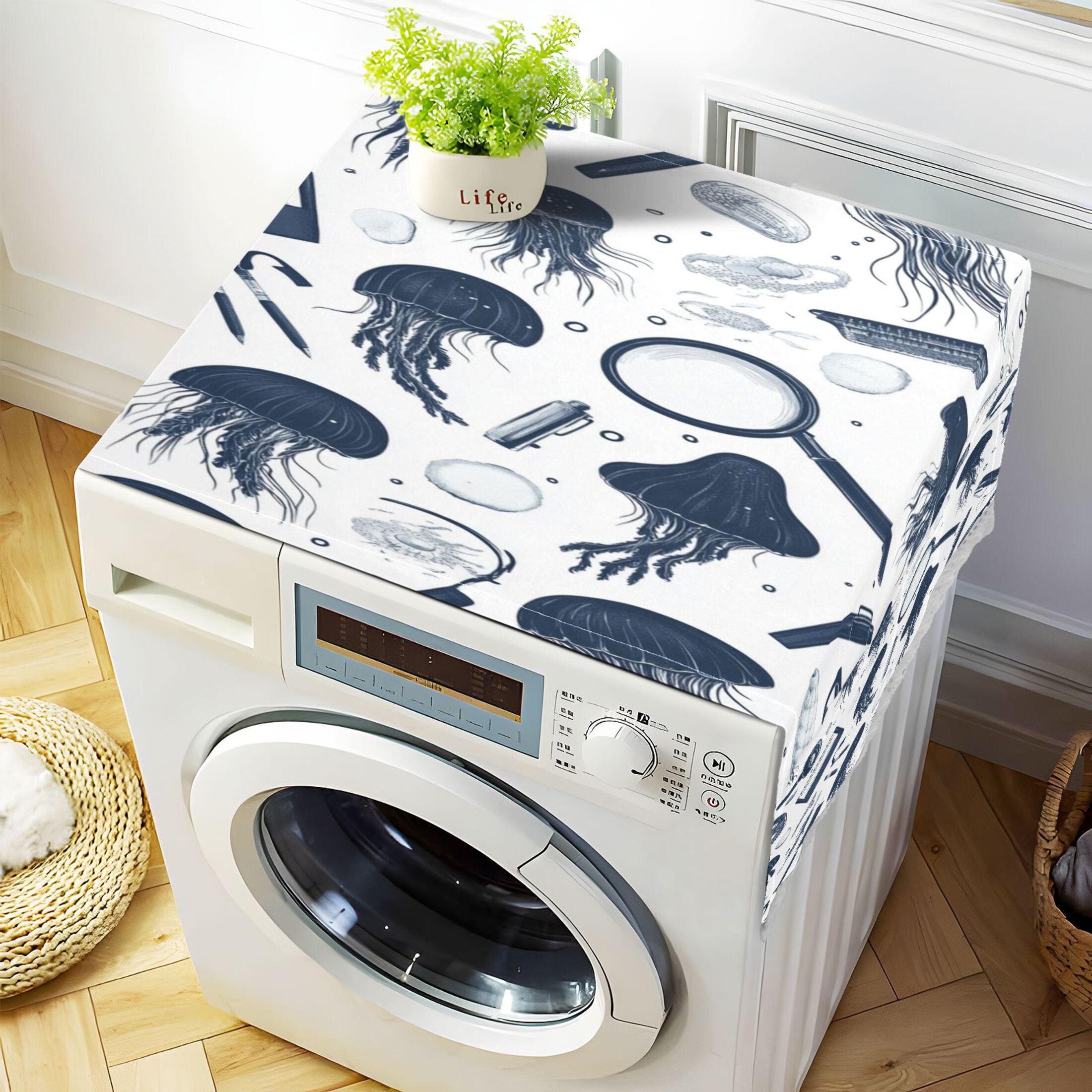 Blue Jellyfish PatternWasher and Dryer Covers Dust-Proof and Oil Resistant Fridge Cover with 4 Storage Pockets Washing Machine Top Cover for Laundry Kitchen Home 51.2 x 22 In
