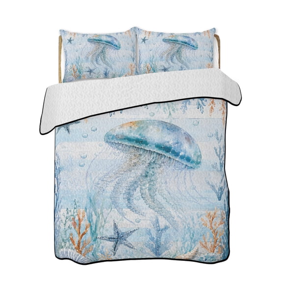 Blue Jellyfish Quilts Bedding Set Queen Size Nautical Coastal Shell Bubble Wood Rustic Lightweight Quilted Bedspread 3 Piece Bed Quilt with 2 Pillow Shams All Season for Bedroom 78" x 90"