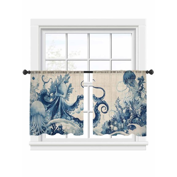 Blue Jellyfish Sheer Curtains 54 Inch Long 2 Panels, Marine Animal Coral Shell Ocean Linen Texture Light Filtering Rod Pocket Curtains, Sheer Voile Drapes for Living Room Bedroom, 52"x54"