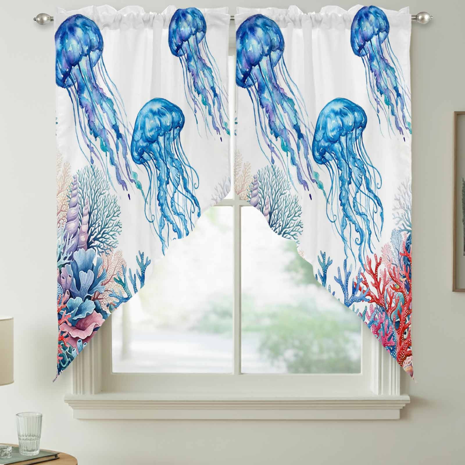 Blue Jellyfish Swag Kitchen Curtain Valances, Red Coral Shell Ocean ...