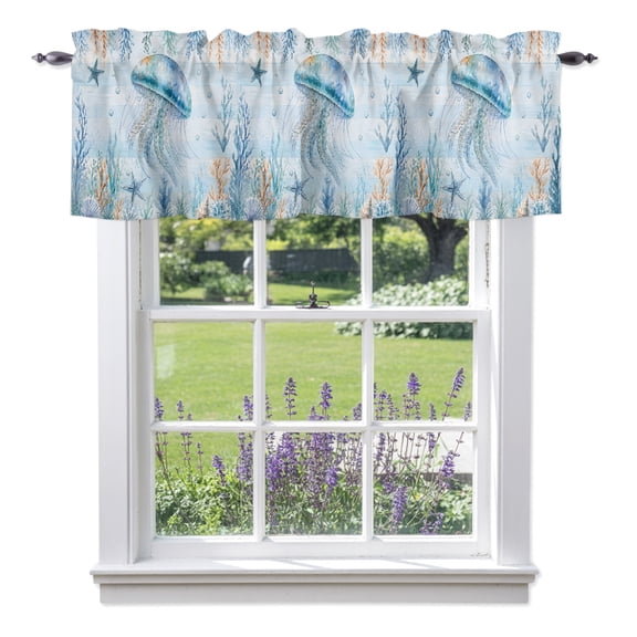 Blue Jellyfish Valances for Windows, Nautical Coastal Shell Bubble Wood Rustic Rod Pocket Valance Short Window Treatments Curtains for Kitchen Bathroom Bedroom Decor, 42 x 12 Inches