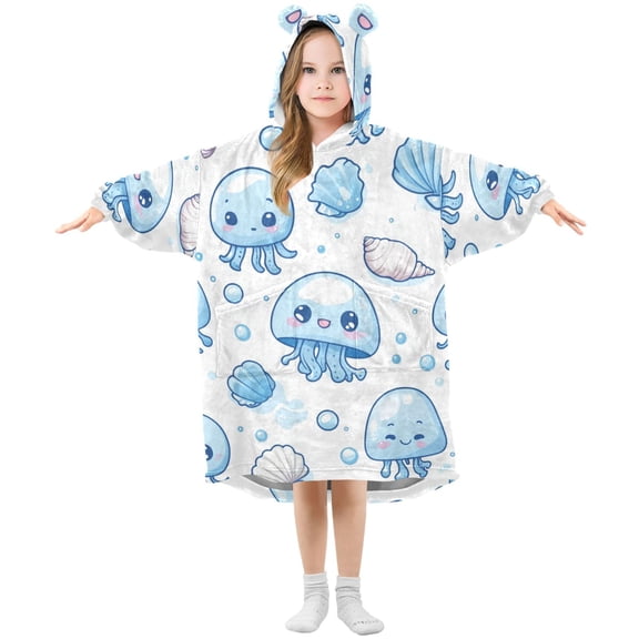 Blue Jellyfishes Shells Bubbles Cartoon Flannel Wearable Blankets Hooded Design Long Sleeves Wrap Unisex for 3T-14Y S