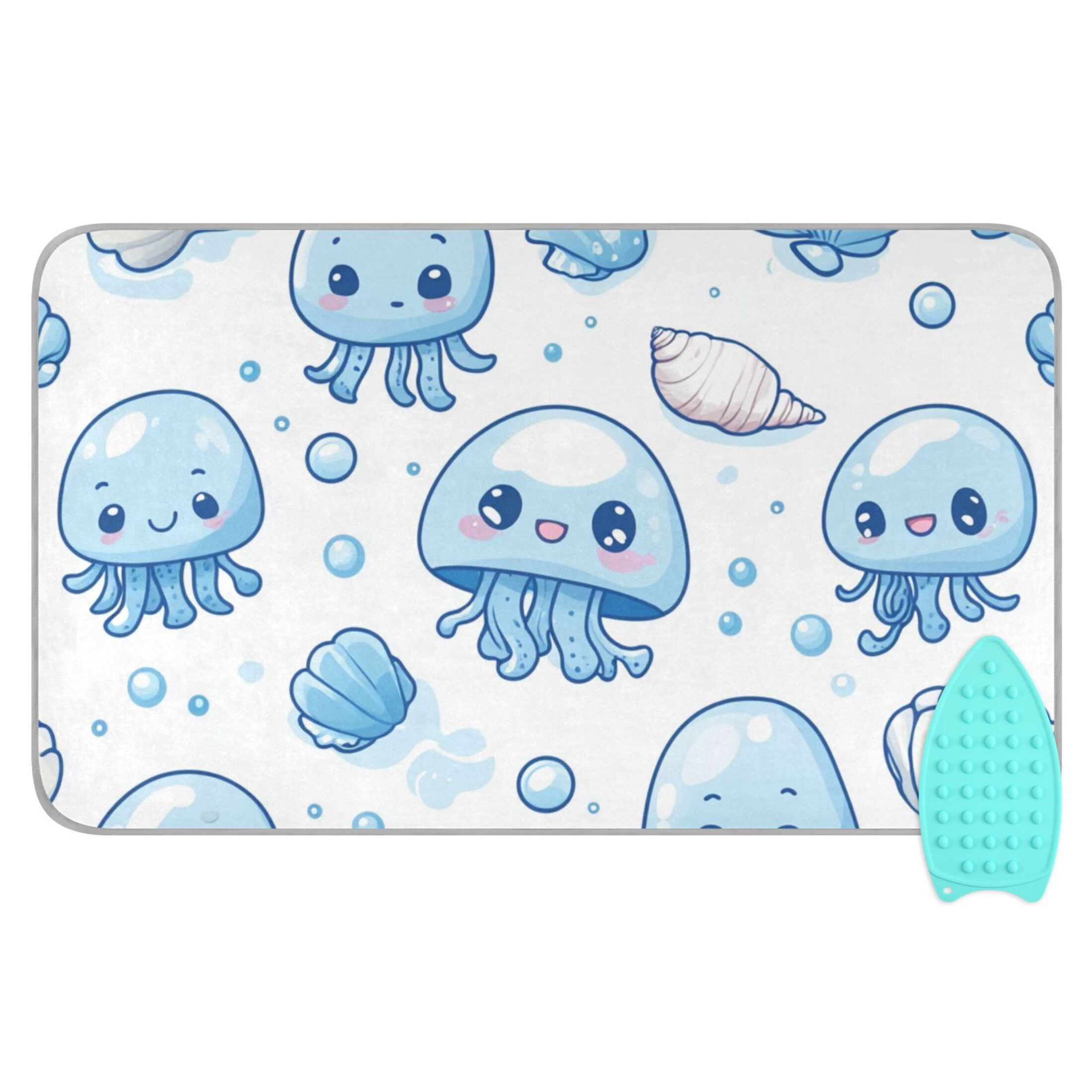 Blue Jellyfishes Shells Bubbles Cartoon Ironing Mat Blanket Portable Travel Ironing Pad Heat Resistant Pad 47.2" x 27.6”