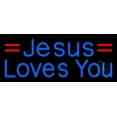 thumbnail image 1 of Blue Jesus Loves You LED Neon Sign 10" Tall x 24" Wide - inches Black Square Cut Acrylic Backing, with Dimmer - Premium built indoor Sign for Home décor, Event, Religious place, Store interior., 1 of 7