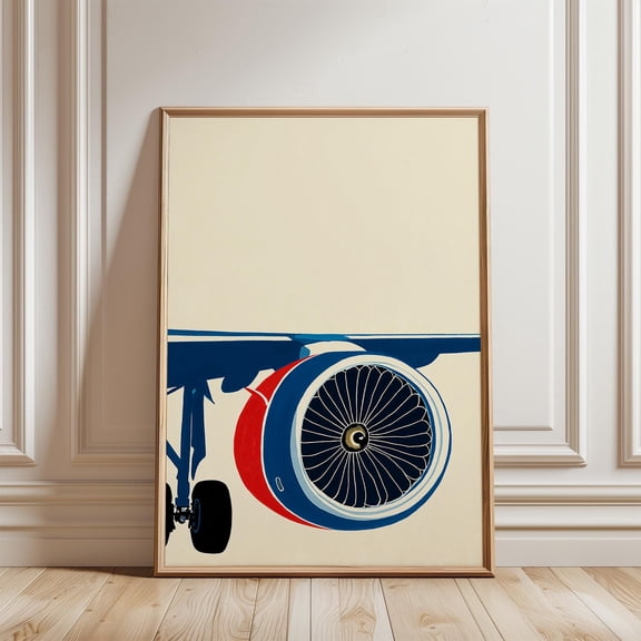 Blue Jet Engine Poster, Aircraft Wing, Modern Aviation Wall Art, Poster Only