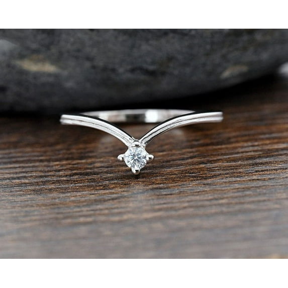 Blue Jewel 0.8 Ct Round Cut Lab Created Diamond Ring - 14K White Gold Plated Solitaire Ring for Women's - Solo Stone Wedding Diamond Ring - Engagement Anniversary "V" Shape Ring - Handmade Jewelry