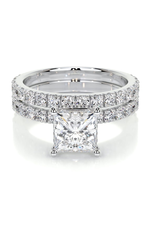 1.5 Ct Princess Cut Lab Created Simulated Diamond - Wedding Rings - Silver 14K White Gold Over Rings - Solitaire with Accent Diamond Rings for Her - Eternity Diamond Rings for Women's
