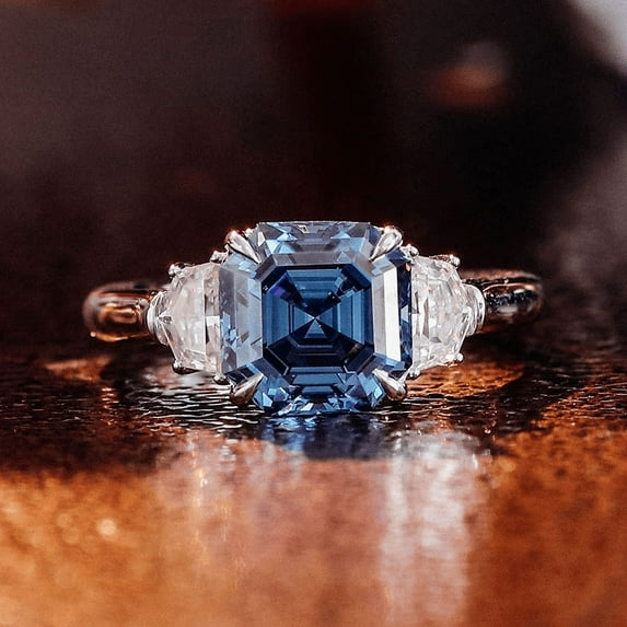 Blue Jewel 1.9 Ct Asscher Cut Simulated Diamond Rings - 14K White Gold Plated Rings - Luxuries 3 Stone Engagement Wedding Rings - Unique Causal Daily Wear Rings For Women's - Christmas Gifts for Her