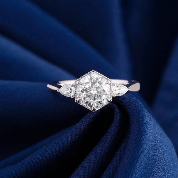 Blue Jewel 1.9 Ct Round Brilliant Cut Diamond Rings - Silver 14K White Gold Plated Rings - Engagement Wedding Trilogy Rings for Women's - Six Prong Diamond Rings for Women's - 3 Stone Diamond Rings