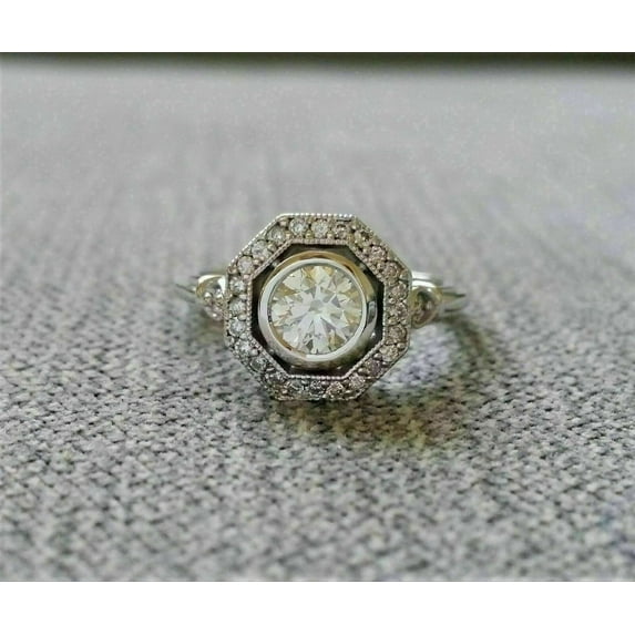 Blue Jewel 1.9 Ct Simulated Round Cut Diamond Wedding Rings - 14K White Gold Plated Rings for Gifts - Elegant Vintage Inspired Octagon Halo Milgrain Style Rings for Women's - Beautiful Silver Jewelry