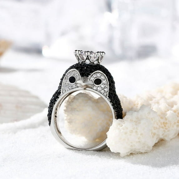 Blue Jewel 1 Ct Round Cut Lab Created Diamond Ring - Women's Silver Ring - Cute Penguin Shape Ring - Cluster Penguin Shape Ring for Animal Lover - Party Wear Diamond Ring - Christmas Gift for Her