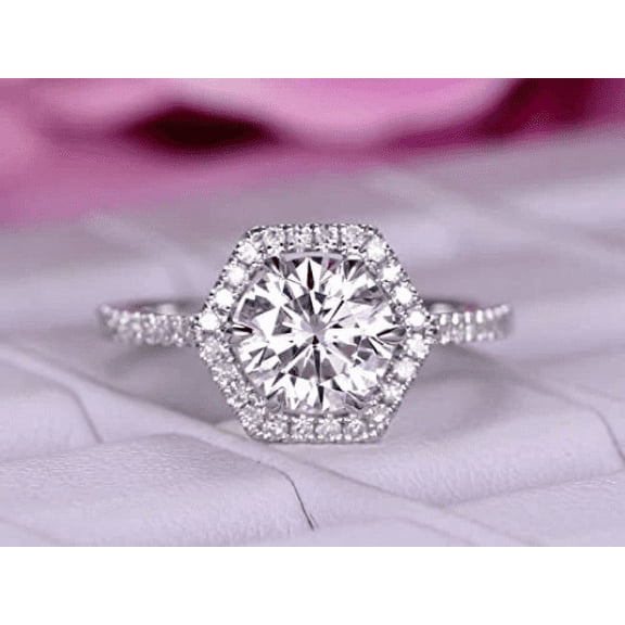 Blue Jewel 14K White Gold Plated - 2 Ct Lab Diamond Round Cut Wedding Rings - Latest Jewelry Engagement Wedding Silver Rings women's - Hexagon Halo Diamond Anniversary Ring