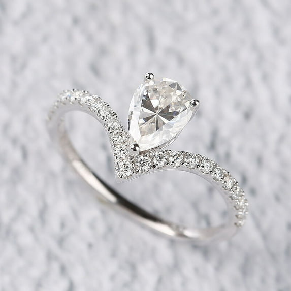 Blue Jewel 14K White Gold Plated Anniversary Rings - Pear Cut 1.3 Ct Excellent White Diamond Rings - Fancy Engagement Diamond Rings for Women's - Pinky Finger Wedding Jewelry Rings - Wave Band Rings