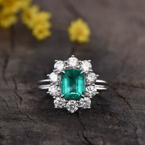 Blue Jewel 14K White Gold Plated Diamond Ring - Emerald Cut Excellent 1.9 Ct Diamond Ring For Women's - Emerald set in a Silver Ring for Women's - Green Sapphire Engagement Rings for Her