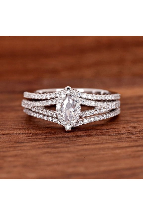 14K White Gold Plated Diamond Ring - Excellent 1.6 Ct Marquise Cut Lab Created Simulated Diamond Ring - Three Rings Set Diamond Rings for Women's - Halo Diamond Rings for Women's