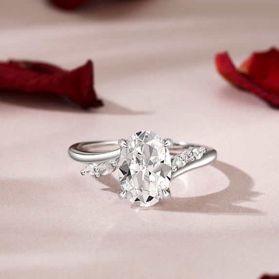 Blue Jewel 14K White Gold Plated Diamond Ring - Oval Cut Excellent 1.9 Ct Diamond Ring For Women's - Bypass Solitaire with Accent Diamond Rings for Women's - Wedding Rings for Her