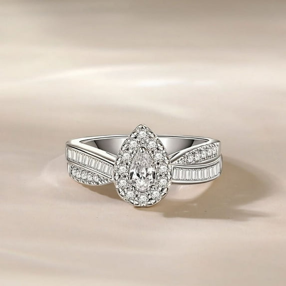 Blue Jewel 14K White Gold Plated Diamond Rings - Pear Cut 1.5 Ct Excellent White Diamond Rings for Her - Halo with Swiral Diamond Rings for Women's - Wedding Rings for Women's