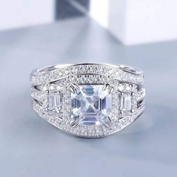 Blue Jewel 14K White Gold Plated Wedding Anniversary Rings - 1.9 Ct Lab Created Diamond Asscher Cut Engagement Rings - Trio Set Bridal Set Rings For Women's - Multi Diamond Bridal Rings for Her