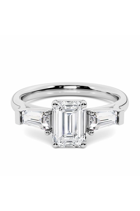 2.02 Ct Emerald Cut Lab Created Diamond Ring - Classic Three Stone Engagement Ring for Women - 14K White Gold Plated Finish - Stylish Gift to Celebrate Love and Union